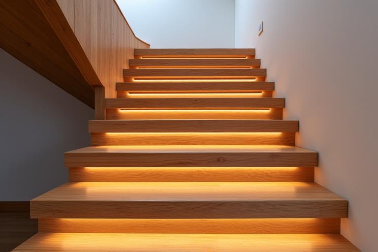 A contemporary wooden staircase design featuring integrated smart lighting and intricate joinery, seen from a dynamic angle.